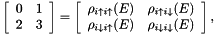 \[ \left[\begin{array}{cc} 0 & 1\\ 2 & 3 \end{array}\right] = \left[\begin{array}{cc} \rho_{i\uparrow i\uparrow}(E) & \rho_{i\uparrow i\downarrow}(E)\\ \rho_{i\downarrow i\uparrow}(E) & \rho_{i\downarrow i\downarrow}(E)\\ \end{array}\right], \]